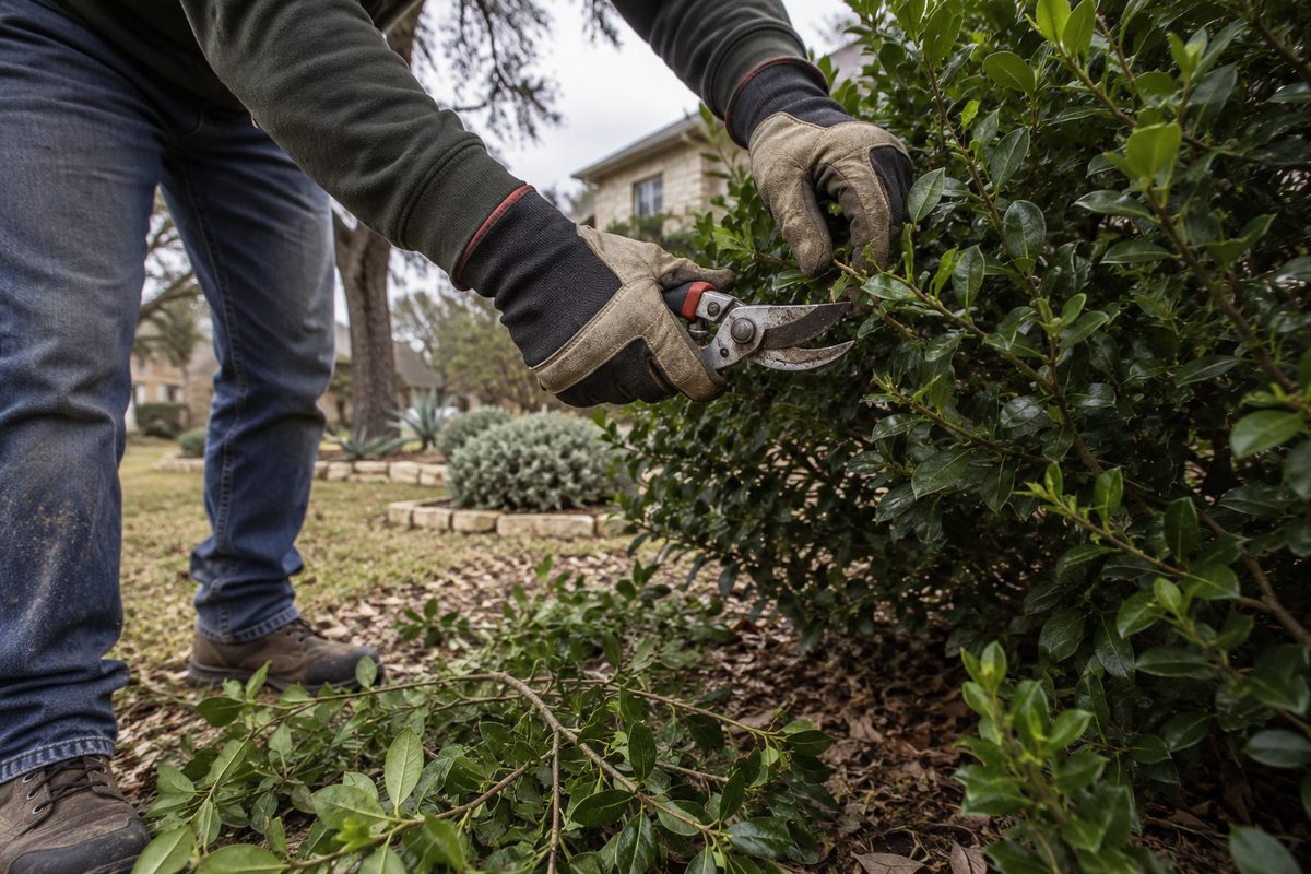 Gloved hands making a selective cut in a shrub with cuttings below.